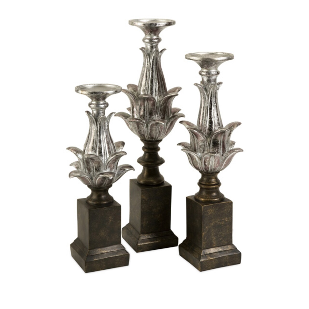 CC Home Furnishings Set of 3 Dramatic Silver Lotus Flower Candlestick Holders